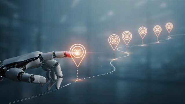 Robotic hand touching a glowing smiling face icon on a winding digital path, symbolizing customer journey, user experience, and AI technology interaction.