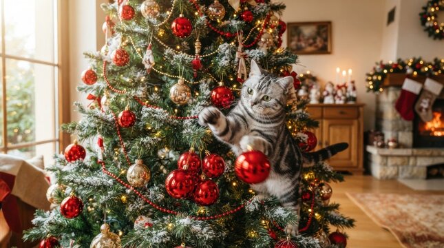 Playful cat climbs a decorated Christmas tree, reaching for ornaments