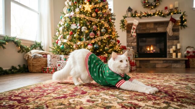 White cat in festive Christmas sweater stretches by decorated tree and fireplace