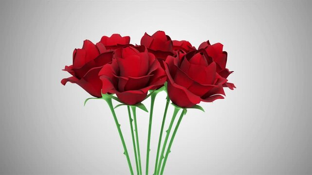 A bouquet of red roses slowly rotates against a clean white background, showing detailed petals, green stems, and a romantic floral arrangement in 3D render