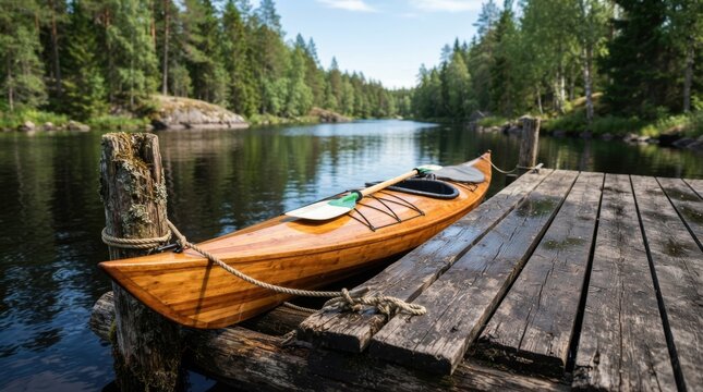 Wooden kayak rests on a rustic dock by a calm lake surrounded by lush green forest