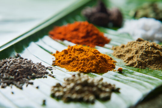 Close-up of Spices on a banana leaf