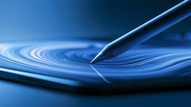 Stylus pen on a reflective surface, creating concentric blue ripple patterns, modern technology concept