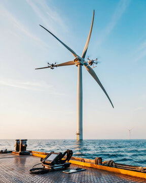 Offshore wind turbine generating clean energy in the ocean at sunset