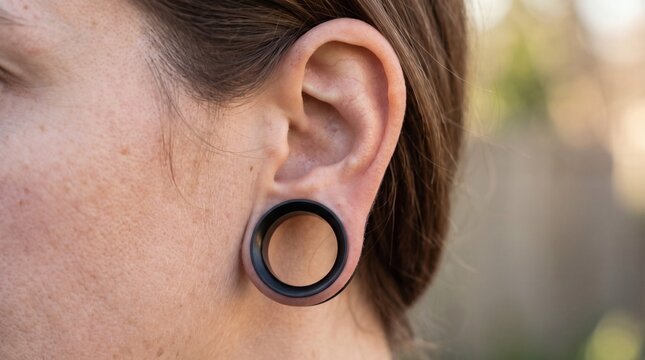 Close up of a persons ear with a black tunnel piercing and blurred background.