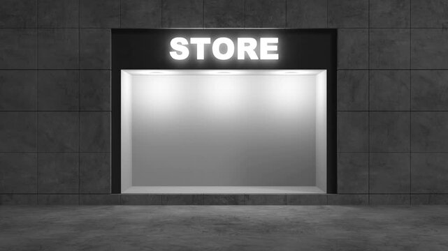 Front view of a minimalist retail storefront as the glowing store sign and display window lights switch on against a dark tiled wall in a clean urban scene 3D render