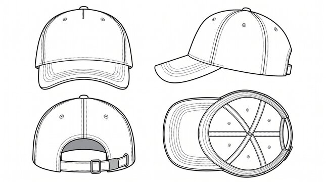 Baseball Cap Technical Sketch Template, Front, Side, Back, and Bottom Views Vector