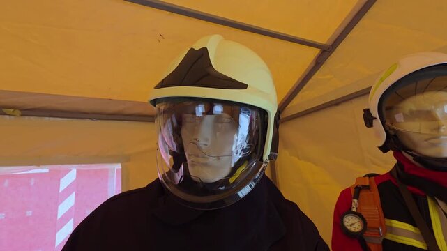 Mannequin display showing firefighter helmet with clear visor and black uniform inside yellow tent, representing safety equipment for emergency services.