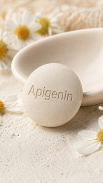 A round white tablet rests on a textured surface near white flowers and a small dish. The tablet has the word Apigenin engraved on it. The setting appears natural and simple