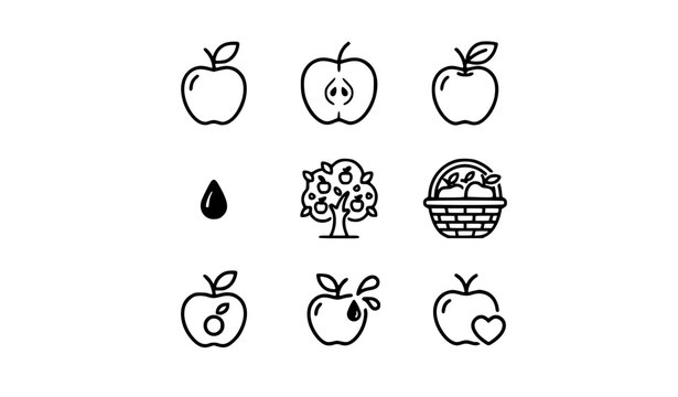 Minimal apple fruit line icon collection featuring botanical food and agriculture symbols vector