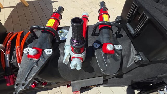 Hydraulic rescue tools kit including spreader cutter and ram displayed on protective black surface outdoors during day for emergency services and first responders