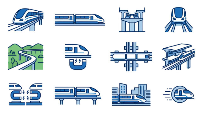 Blue and green train transportation icon set.