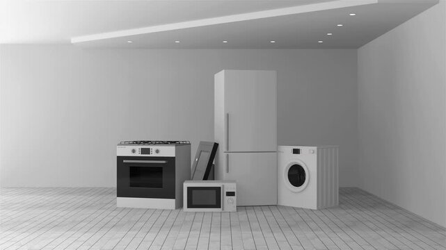 White household appliances move into place inside a minimal empty kitchen room with tiled floor and recessed ceiling lights in a clean 3D animation
