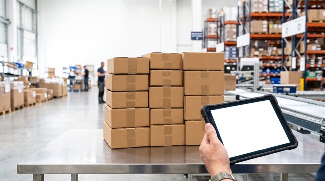 A professional warehouse worker holds a digital tablet to manage inventory counts and check organized cardboard shipping containers stacked upon a metal table within a busy industrial
