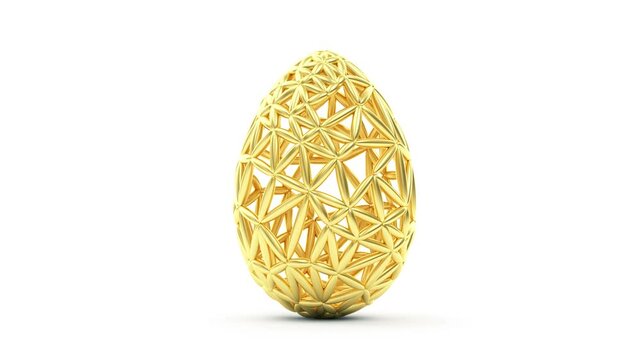 A hollow golden geometric egg with an intricate lattice surface slowly rotates in place, shown on a clean white background and chroma key green screen in 3D animation