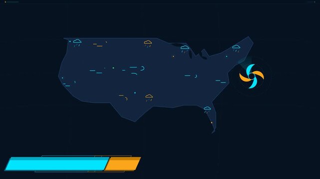 Weather Forecast Map Broadcast News Motion Graphics with Animated Weather Icons over United States