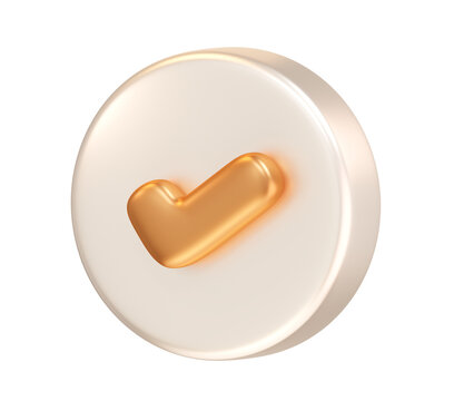 3d render gold check mark tick icon circle button for approve confirm success done correct yes right