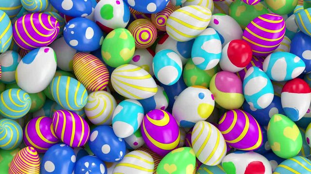 Bright decorated Easter eggs with stripes, dots and hearts fall, bounce and pile together against a clean white background in a playful festive 3D animation