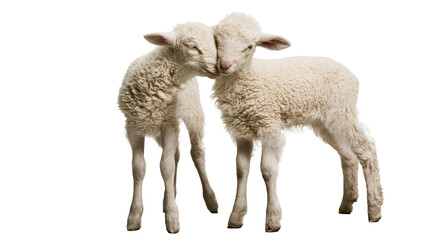 Fototapeta premium Two fluffy lambs nuzzling each other with closed eyes
