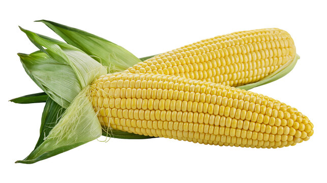 Two fresh yellow corn cobs with green husks