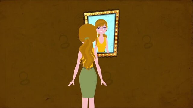 2D animation back view of a woman standing in front of a wall mirror looking at reflection self care concept