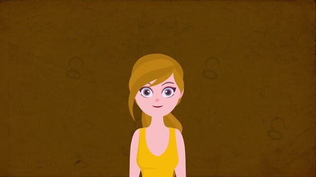 2D animation close up portrait of a sad disappointed blonde woman in yellow top dark background depression