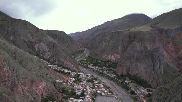 4K drone aerial view of Iruya, Salta, Argentina. A remote Andean village surrounded by dramatic mountains, deep valleys and winding roads in one of the most spectacular landscapes of northern Argentin