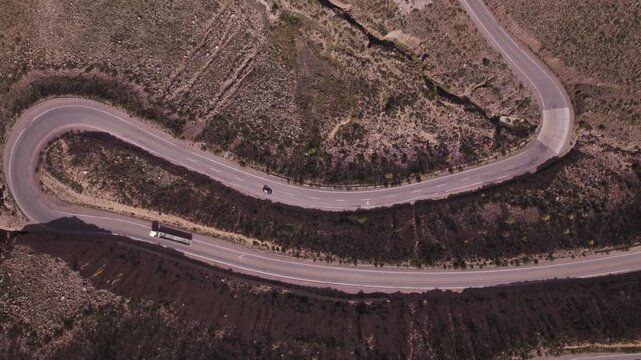 4K drone aerial view of Cuesta de Lip&aacute;n, Jujuy, Argentina. Spectacular winding mountain road climbing through the Andes with dramatic curves, rugged landscapes and breathtaking high altitude scenery.