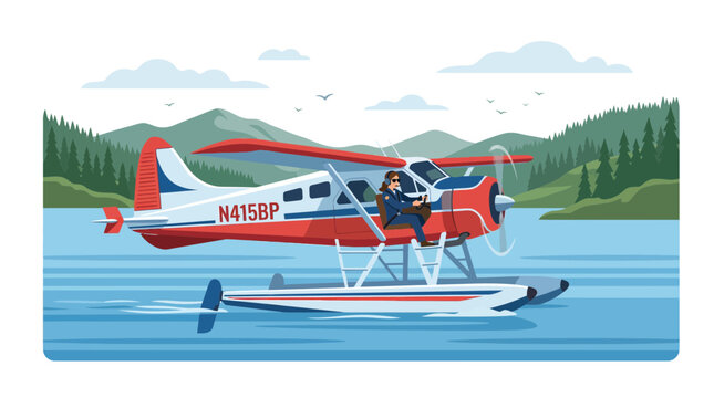 Pilot and passenger boarding seaplane on lake.