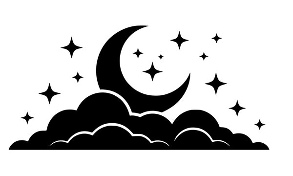 Starry night sky with crescent moon and clouds landscape icon featuring silhouette of night sky background elements, shining stars group, and cumulus clouds border vector illustration.