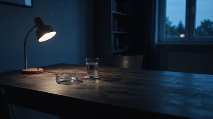 Fototapeta premium A cozy corner of a room features a wooden table with a glass of water and an ashtray. A lamp casts a gentle light, creating a calm atmosphere as dusk settles outside.