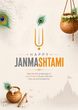 Happy janmashtami greeting card design with traditional clay pots peacock feathers and flute on a light background
