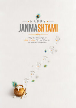 Happy janmashtami greeting card design with a traditional clay pot filled with butter and peacock feathers