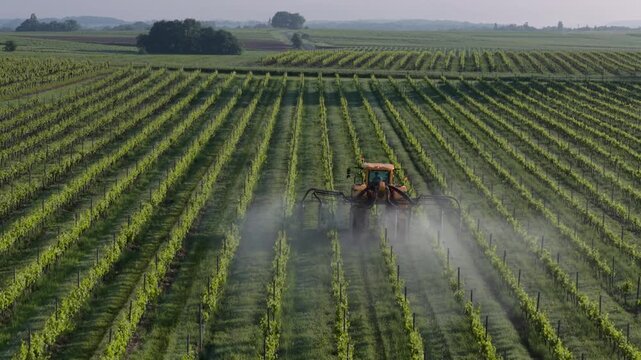 Aerial view of a yellow tractor spraying rows of lush green grapevines in a vineyard in Targon, Nouvelle-Aquitaine, France.