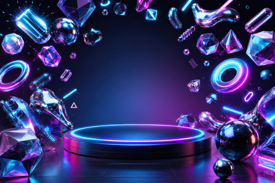 Futuristic neon podium with floating glowing geometric shapes on a dark background. Ideal for tech ads, product launches, banners,