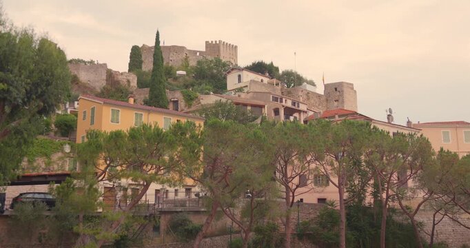Roquebrune-Cap-Martin, French Riviera, France - A Scenic View of the Medieval Village Landscape, Featuring Historic Stone Buildings, Ancient Fortifications, and Charming Hillside Beauty - Medium Shot