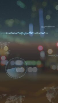 Animation of data processing over people and cars on busy street