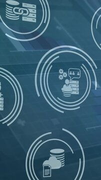 Animation of financial tool icons over digital screens with data processing