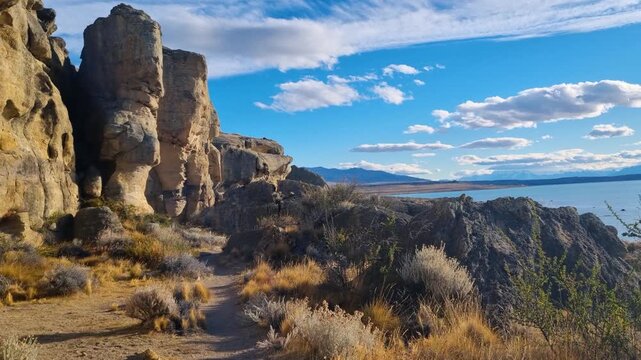 Stunning Punta Walichu landscape near El Calafate, Argentina, where glacial waters meet rocky Patagonian terrain. Soft evening light creates a serene, remote wilderness atmosphere