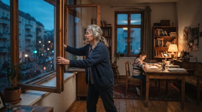 In a serene apartment, a gentle woman opens a window to let in the cool evening air. A child nearby focuses on study materials under soft light.