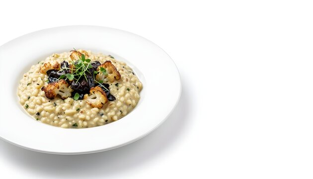 Black garlic gourmet risotto premium commercial food photography