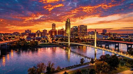 Fototapeta premium Cityscape at Sunset With River and Bridges