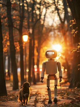 Autonomous robot and dog walking on an illuminated autumnal forest path during golden hour