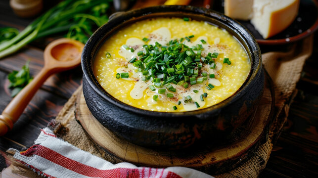 Creamy corn porridge topped with melted cheese and fresh green onions in a rustic black pot on a wooden table