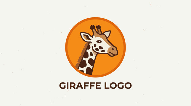 Giraffe head logo design on orange circular background.
