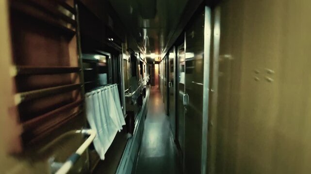 Passenger point of view journey through old Russian Soviet-era private compartment sleeper car carriage train at night. Long narrow corridor retro interior perspective. Vintage travel atmosphere. POV