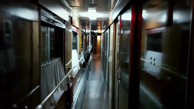 Interior view old private-compartment sleeper car carriage train corridor night. Empty passage retro Soviet-era passenger railway, long hallway journey during darkness.