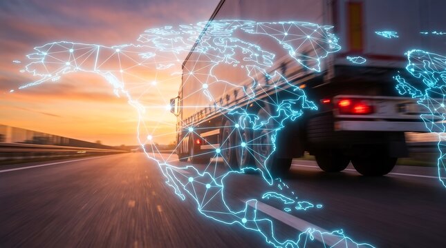 Close up view of semi truck driving on highway at sunset with glowing digital map of North America overlay representing logistics and freight distribution networks across the continent
