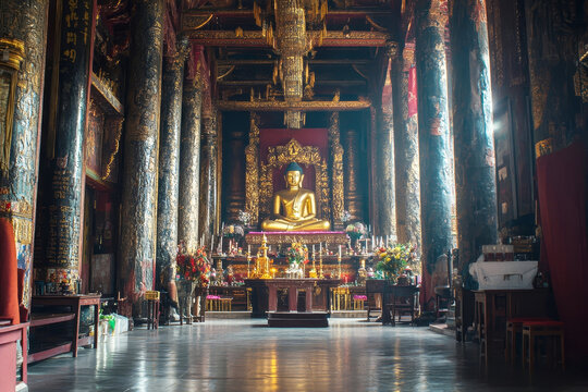 Golden Buddha statue sits on an ornate altar inside an ancient temple hall with massive wooden pillars