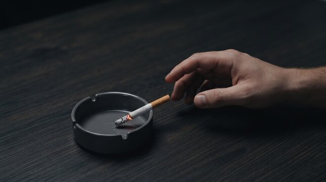 A hand gently approaches a grey ashtray, ready to extinguish a glowing cigarette. The scene is calm, framed by a dark wooden surface, evoking a moment of pause.